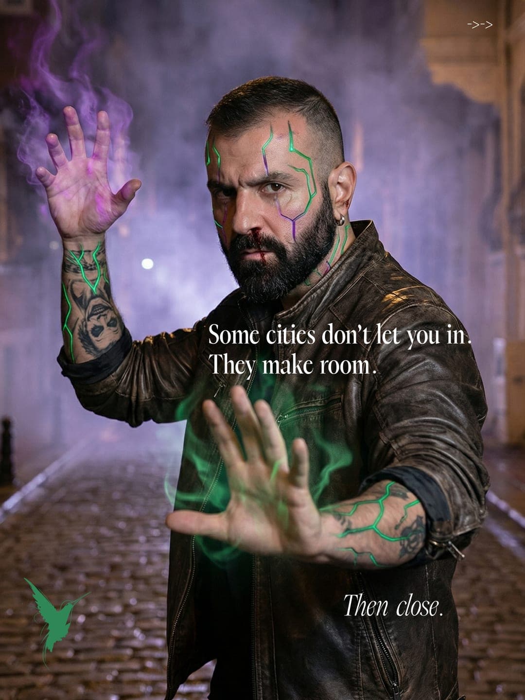 A man stands in a fogged street, green energy veins glowing across his face and arms, hands raised.
