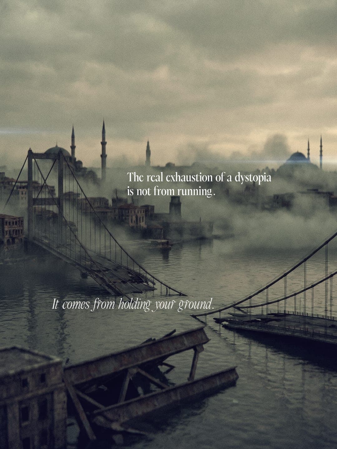 A fog-drowned, ruined Istanbul skyline with a collapsed bridge over still water.