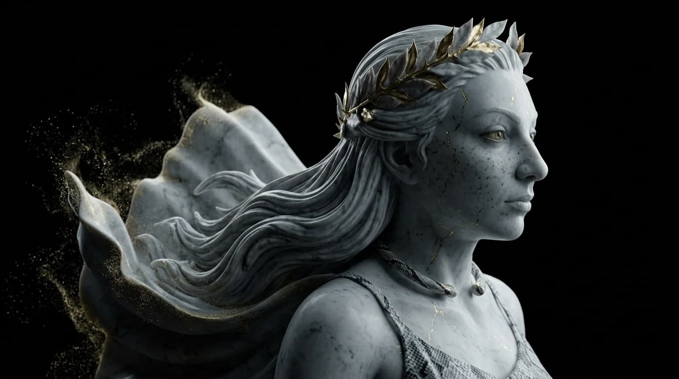 A marble figure in profile, the ends of the hair dissolving into gold dust at the edge.