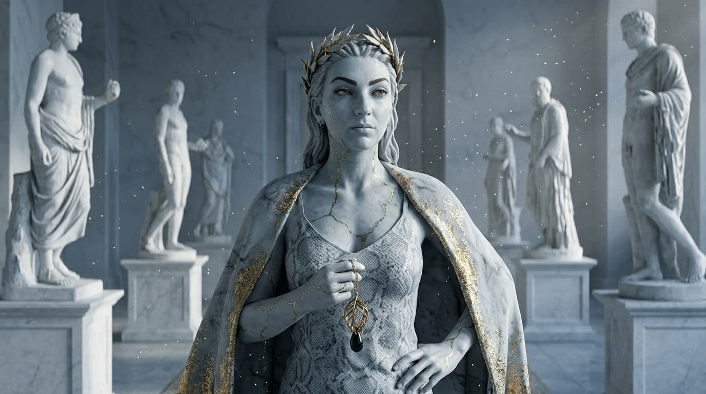 A marble figure standing in a hall of pale statues on plinths, a leaf pendant held in the hand.