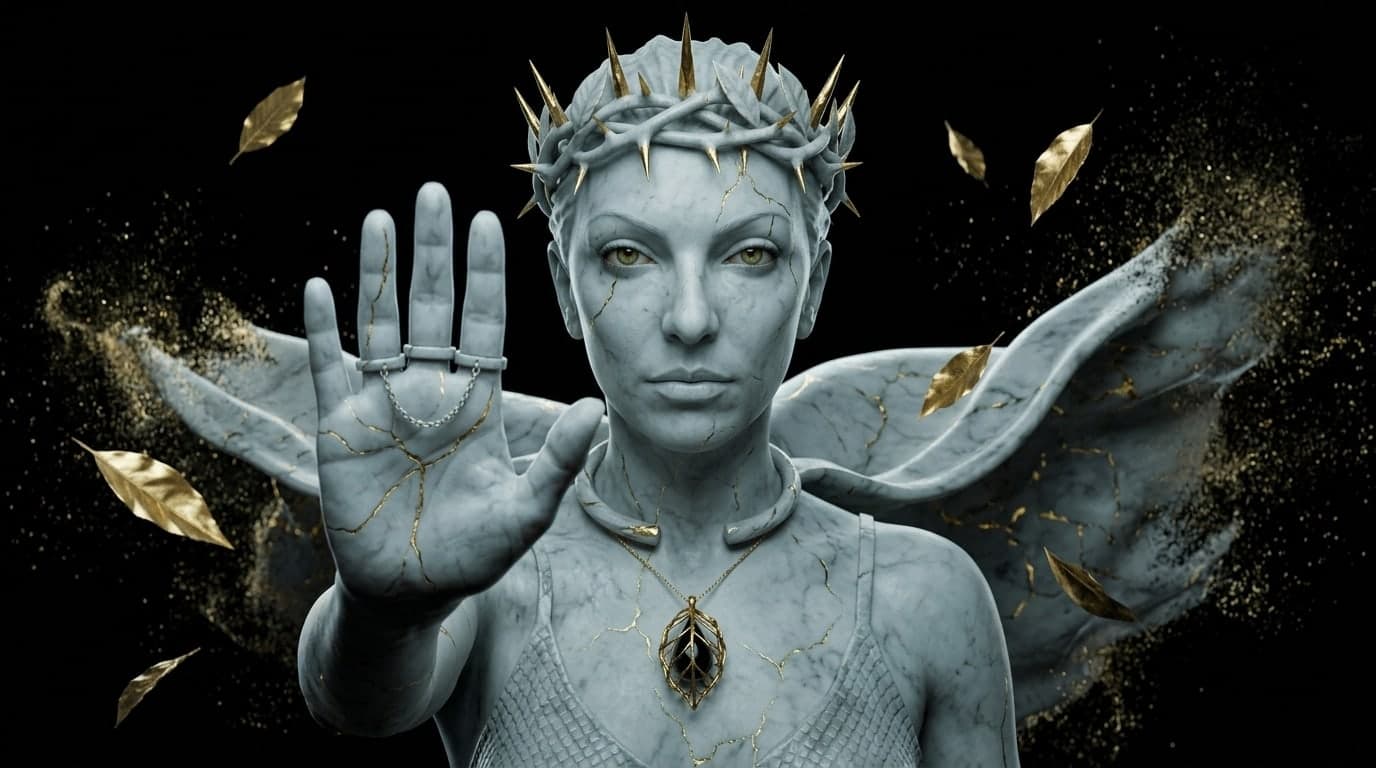A marble figure, palm raised, gold in the cracks, leaves caught still in the air around her, a leaf pendant at the throat.