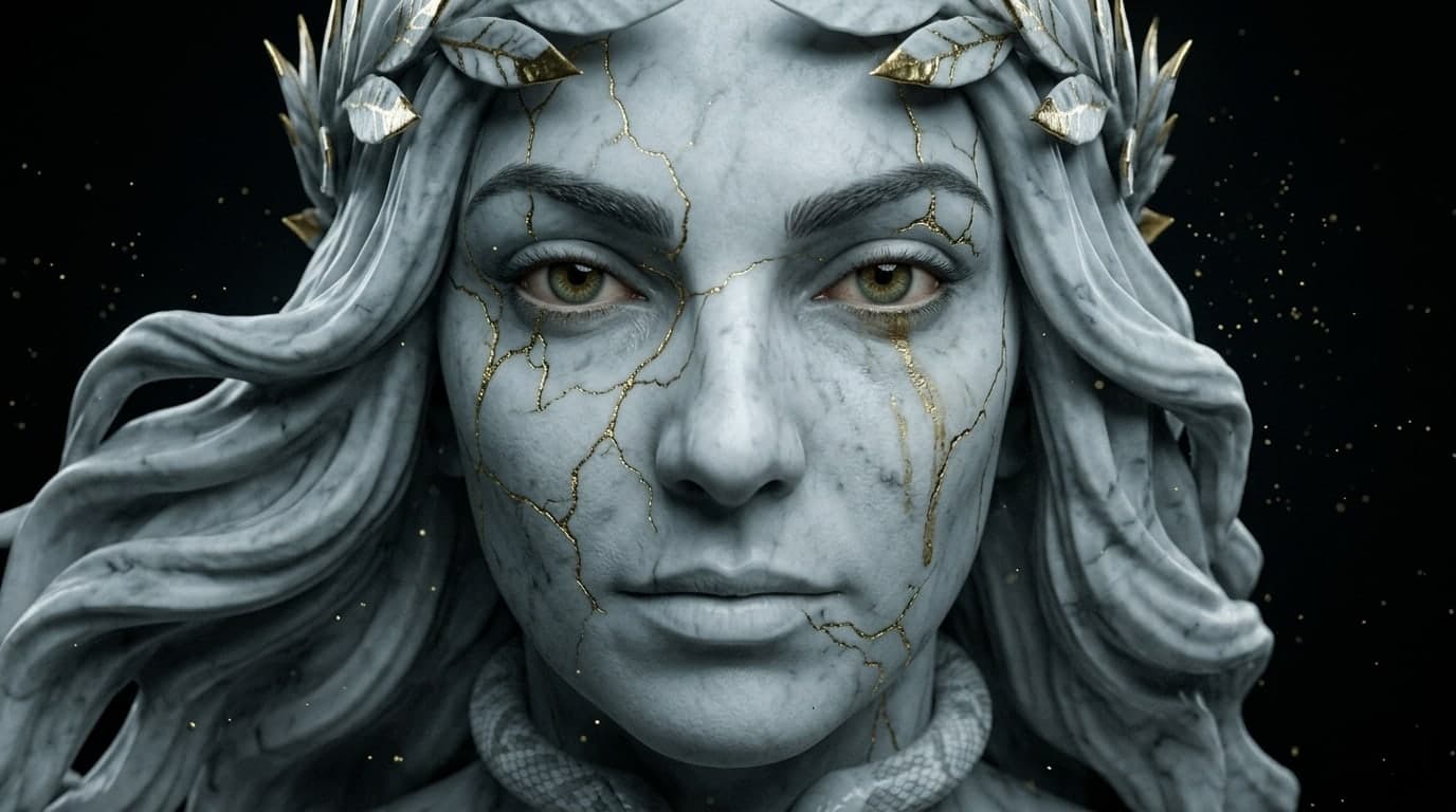 A marble face, gold in the cracks, a single gold tear on one cheek that does not fall; the eyes inside the stone are still alive.