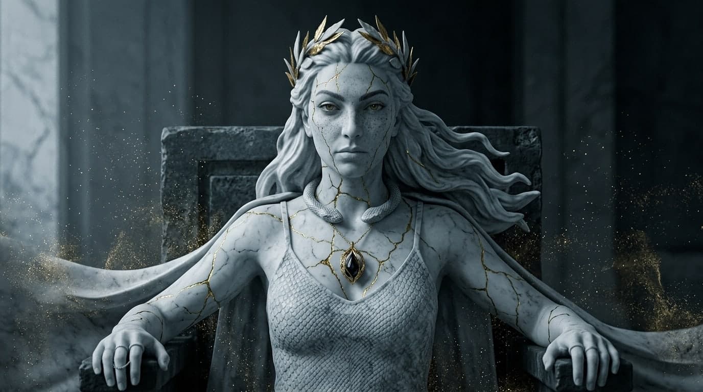 A marble figure enthroned with arms spread, a laurel crown, gold in the cracks, a leaf pendant on the chest.